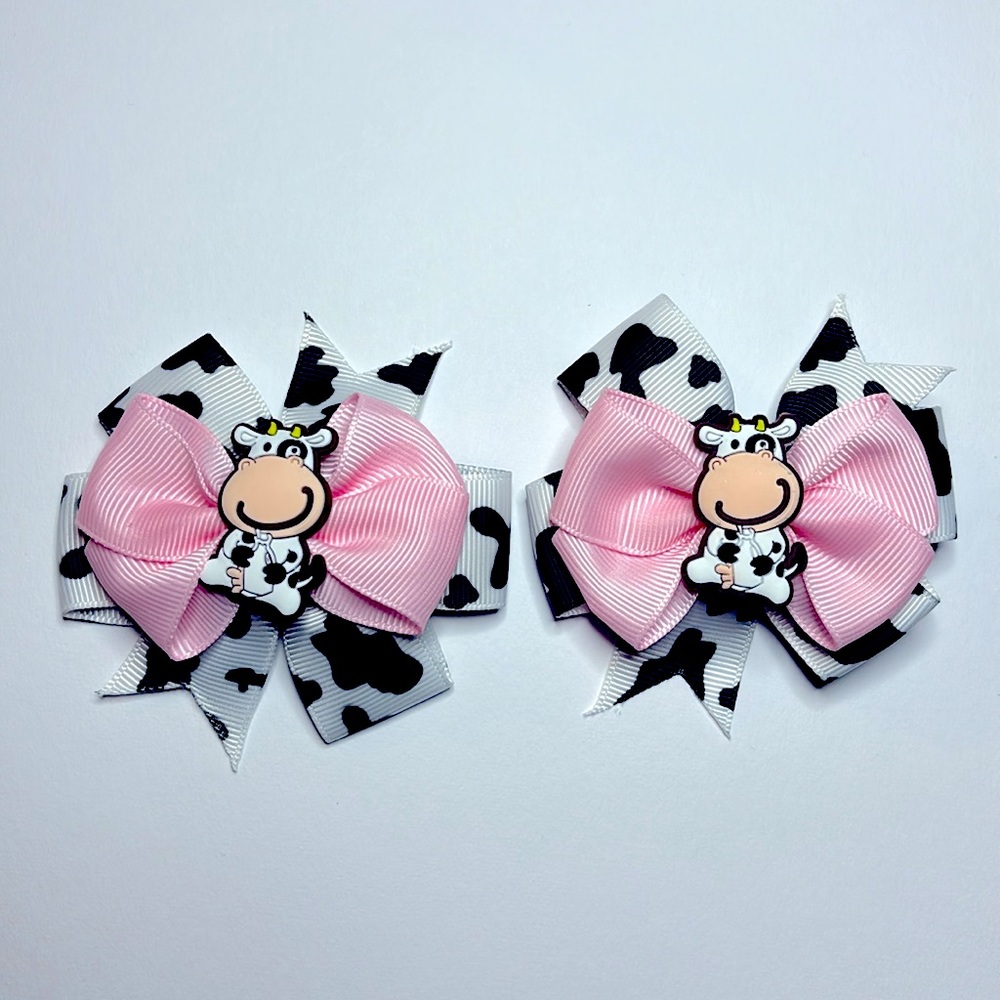 1 Pair Milk Cow Bow Hair Clips, Grosgrain Ribbon Bow Hair Clips